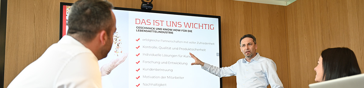 Almi Mitarbeiter waehrend einer Besprechung in einem Meetingraum. Ein Mitarbeiter stellt eine Prasentation ueber Almi vor.