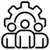 Symbol für Teamarbeit und Lebensmitteindustrie Ausbildung, dargestellt durch drei Personen mit Zahnrad im Hintergrund.